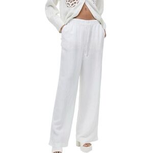 DAVID DART LINEN Pants Petite Large Straight Leg Pull-On Pockets White Women PL